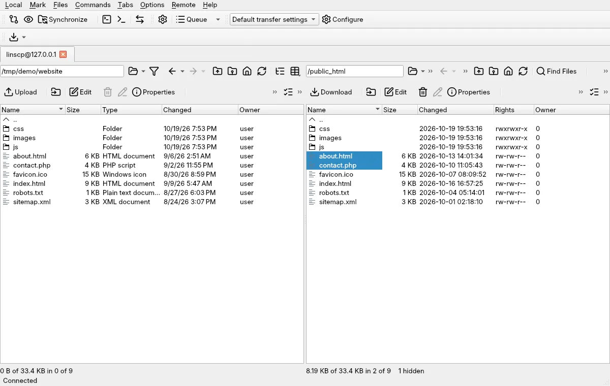 linscp's Commander layout: local files on the left, the server on the right.