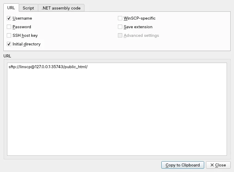 The Generate Session URL/Code dialog, building an sftp:// address for the current session.