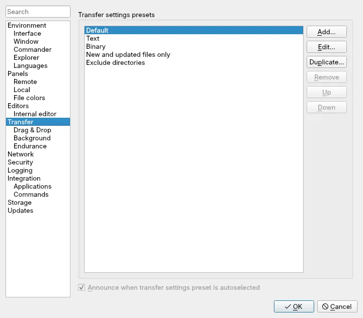 Preferences, Transfer page: the default settings and the built-in transfer presets.