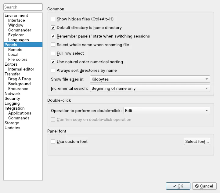 The Preferences window, Panels page.
